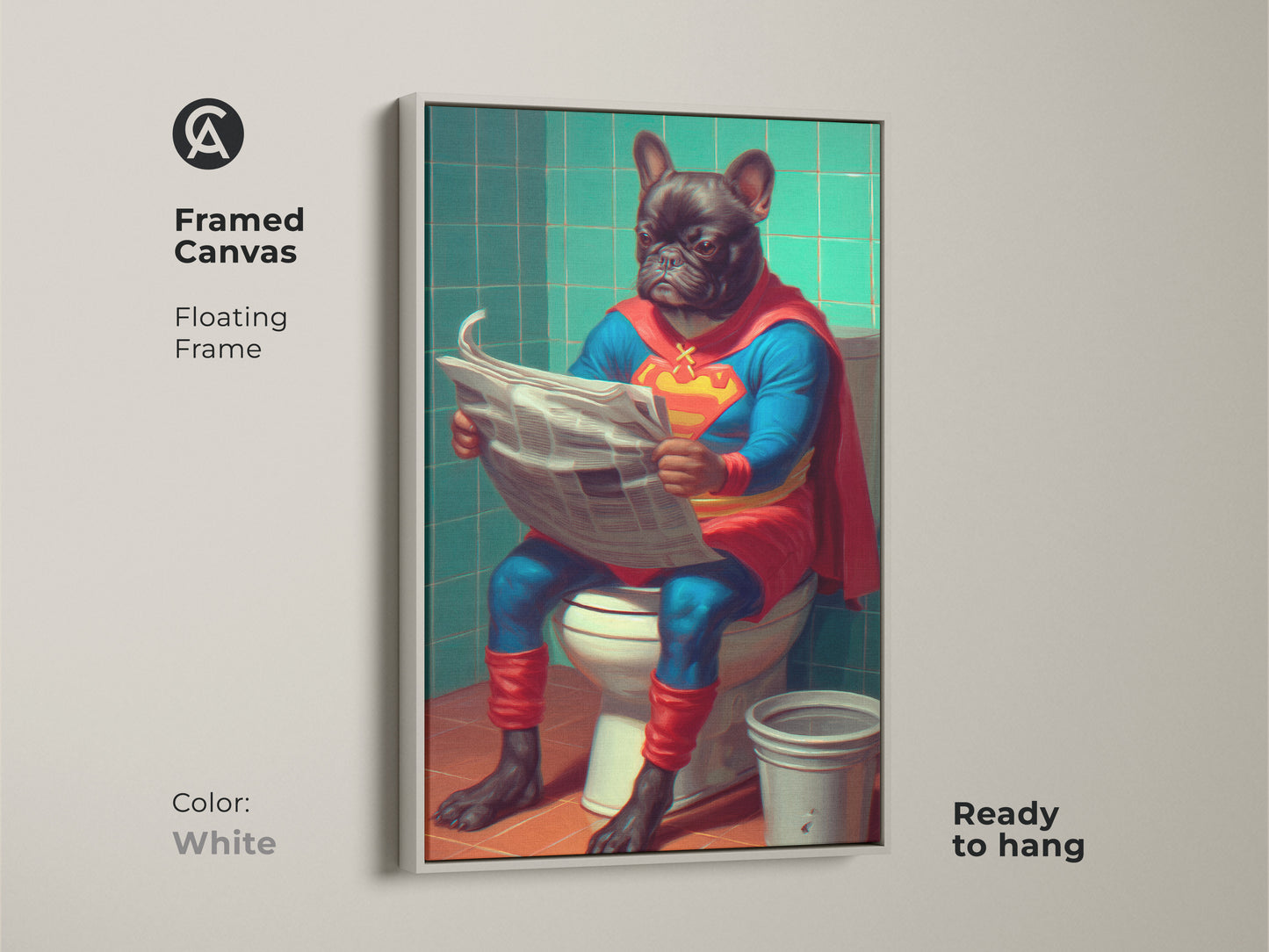 This image features the French Bulldog superhero art in a white floating frame. Ready to hang the artwork adds a modern touch to any wall. The dog owner gift idea is perfect for those who love quirky animal prints. Enjoy this funny dog toilet print in your home today. This pet superhero print is sure to delight