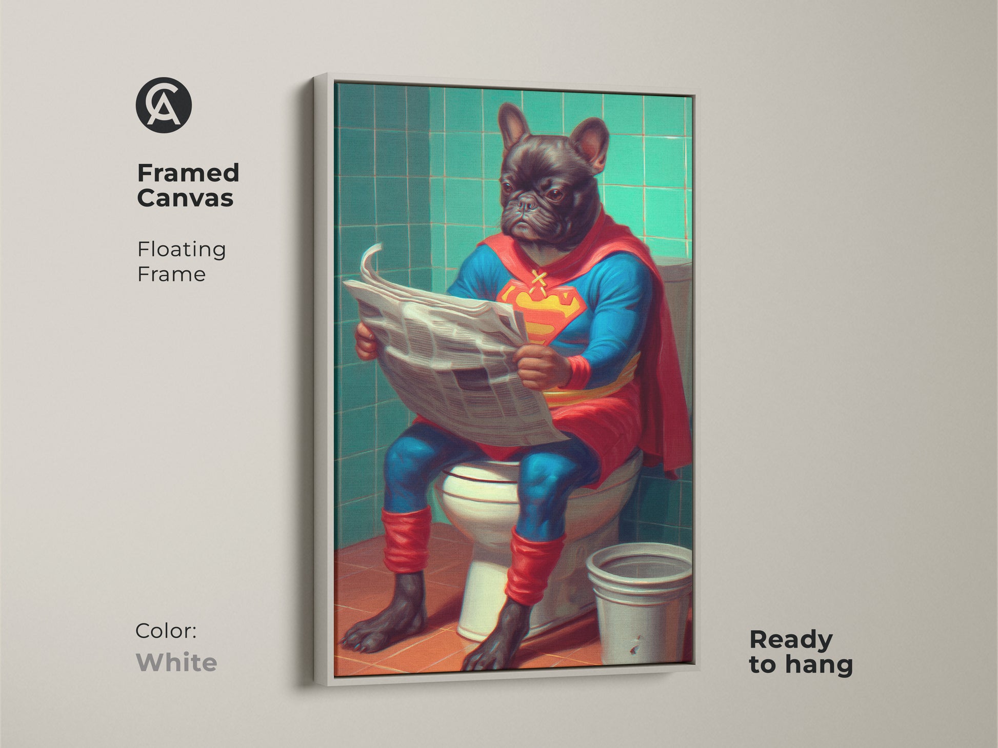 This image features the French Bulldog superhero art in a white floating frame. Ready to hang the artwork adds a modern touch to any wall. The dog owner gift idea is perfect for those who love quirky animal prints. Enjoy this funny dog toilet print in your home today. This pet superhero print is sure to delight