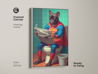 This image features the French Bulldog superhero art in a white floating frame. Ready to hang the artwork adds a modern touch to any wall. The dog owner gift idea is perfect for those who love quirky animal prints. Enjoy this funny dog toilet print in your home today. This pet superhero print is sure to delight