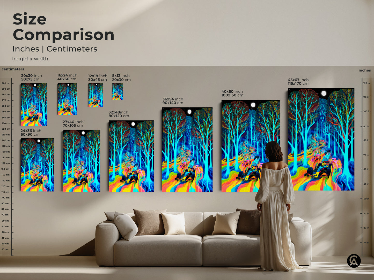 Size comparison of neon rainbow Formula 1 car artwork. The canvas and poster prints come in various sizes. See how the art fits above a sofa showcasing the vibrant psychedelic forest landscape.