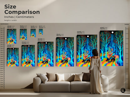 Size comparison of neon rainbow Formula 1 car artwork. The canvas and poster prints come in various sizes. See how the art fits above a sofa showcasing the vibrant psychedelic forest landscape.