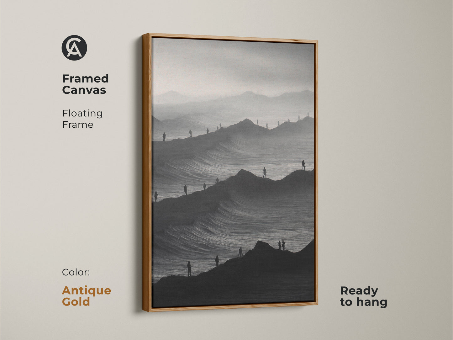 Framed canvas art displays a monochrome mountain artwork. Antique gold floating frame complements this abstract landscape print. Ready to hang minimalist art. The black and white palette suits modern home decor. It's a conceptual and surreal piece.