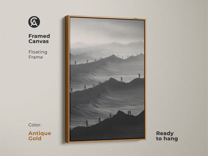 Framed canvas art displays a monochrome mountain artwork. Antique gold floating frame complements this abstract landscape print. Ready to hang minimalist art. The black and white palette suits modern home decor. It's a conceptual and surreal piece.