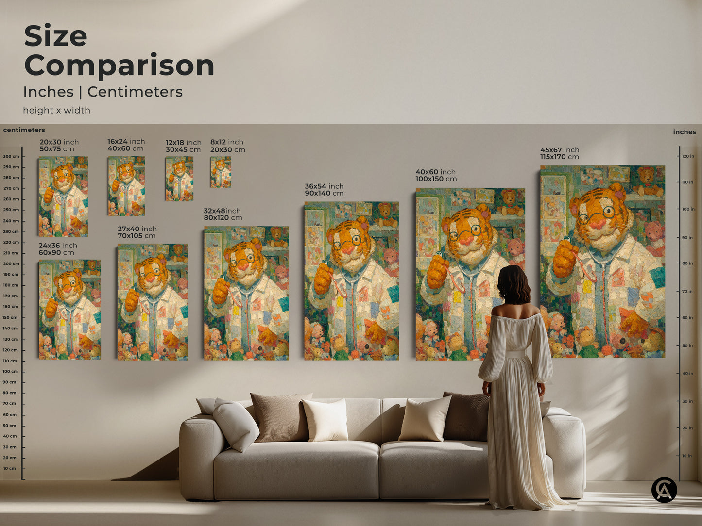 Size comparison of the tiger doctor artwork in inches and centimeters. See how the art looks in various sizes above a sofa. Available in multiple dimensions to suit your needs. Find the perfect fit for your home today