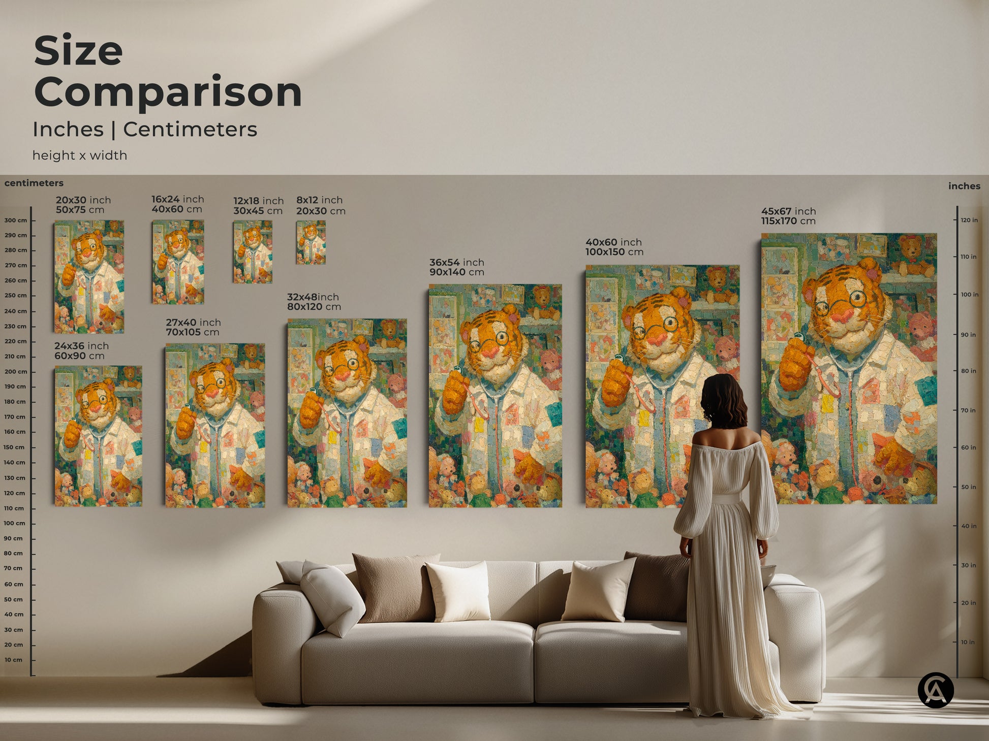 Size comparison of the tiger doctor artwork in inches and centimeters. See how the art looks in various sizes above a sofa. Available in multiple dimensions to suit your needs. Find the perfect fit for your home today