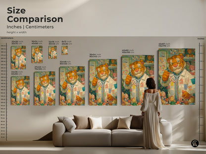 Size comparison of the tiger doctor artwork in inches and centimeters. See how the art looks in various sizes above a sofa. Available in multiple dimensions to suit your needs. Find the perfect fit for your home today