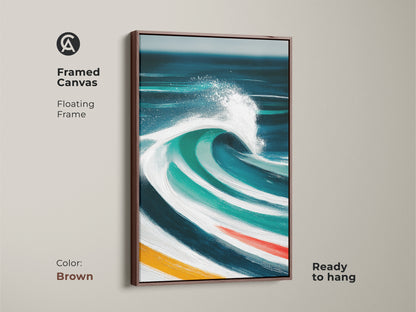 Framed coastal art piece features an abstract ocean wave with a brown floating frame. The deep blue teal and turquoise tones evoke a calm sea ambiance. This modern wall decor enhances any space creating a serene and stylish atmosphere. Ideal as a housewarming gift.