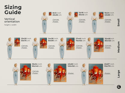 Sizing guide for vertical orientation of lion canvas art and poster prints. Dimensions range from 8x12 inch to 45x67 inch. See how the African wildlife artwork fits different wall sizes. Perfect for lion lovers. Choose the ideal size for your bedroom wall art or living room canvas.