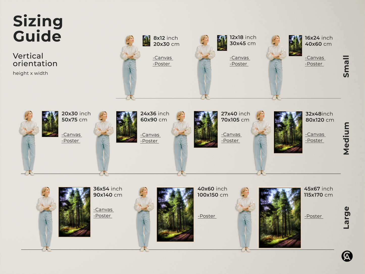 Sizing guide for vertical forest path artwork. Available in small medium and large sizes. Choose canvas or poster prints. Find the perfect fit for your space. Emerald green pine trees bring nature indoors.