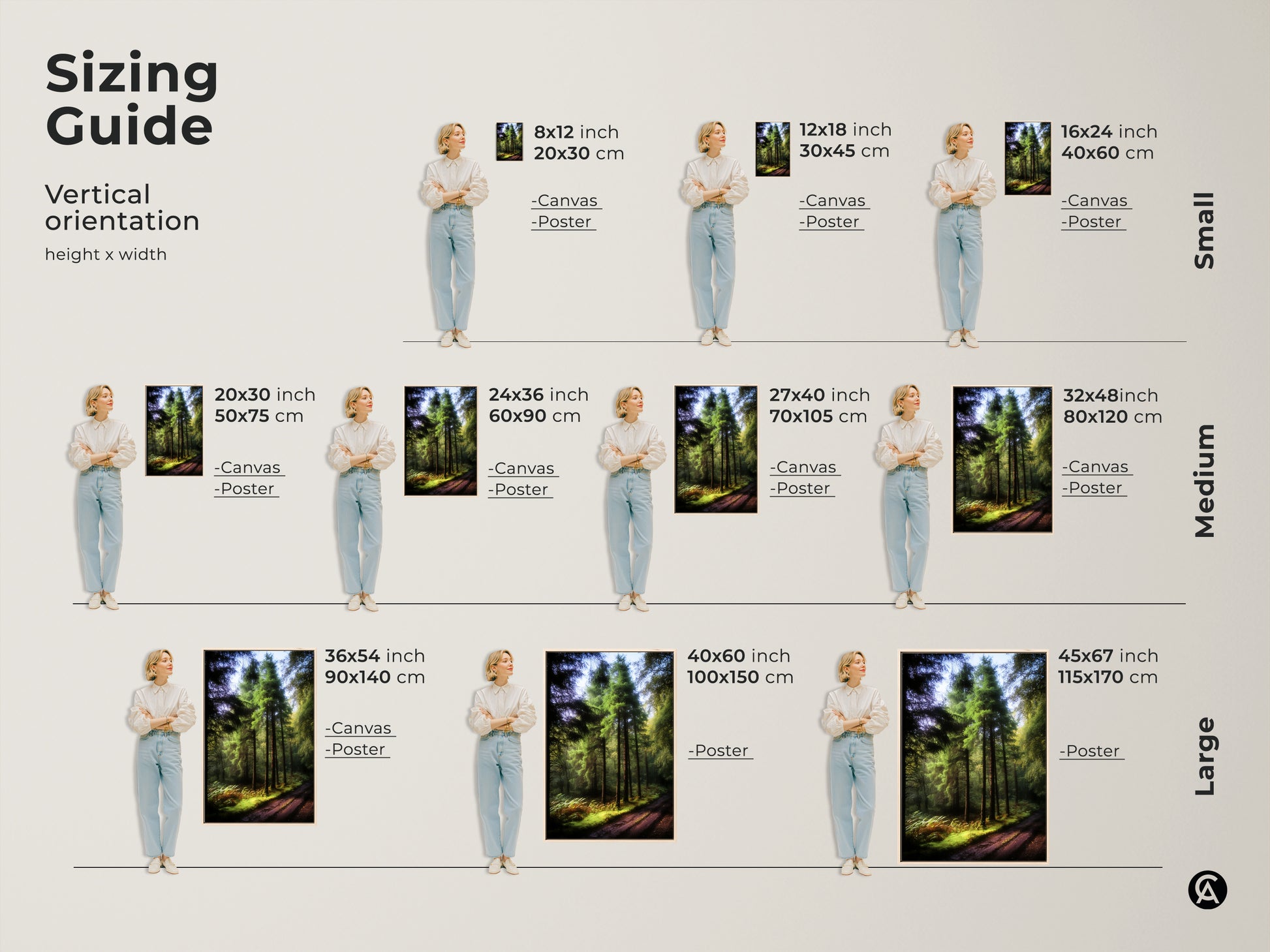 Sizing guide for vertical forest path artwork. Available in small medium and large sizes. Choose canvas or poster prints. Find the perfect fit for your space. Emerald green pine trees bring nature indoors.