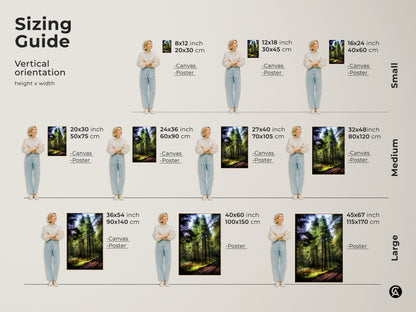 Sizing guide for vertical forest path artwork. Available in small medium and large sizes. Choose canvas or poster prints. Find the perfect fit for your space. Emerald green pine trees bring nature indoors.