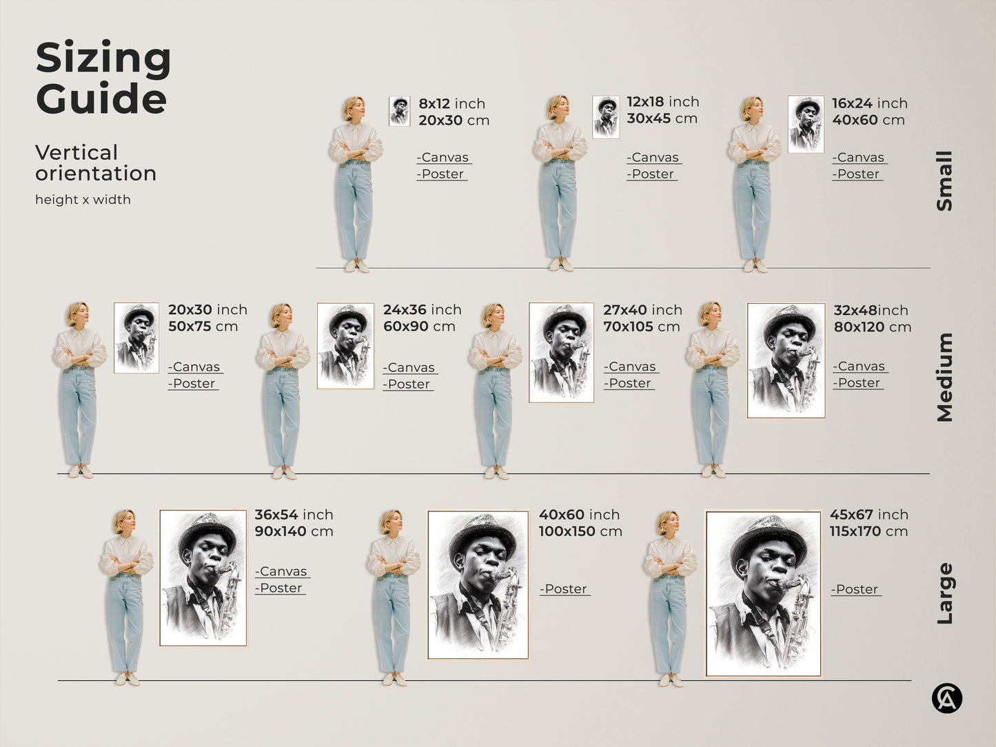 Sizing guide for our pencil artwork of a jazz musician. Visualize different sizes from small to large. This artwork is available as canvas or poster prints. Find the perfect size to fit your space. Enhance your home with this captivating musical art in your preferred format.