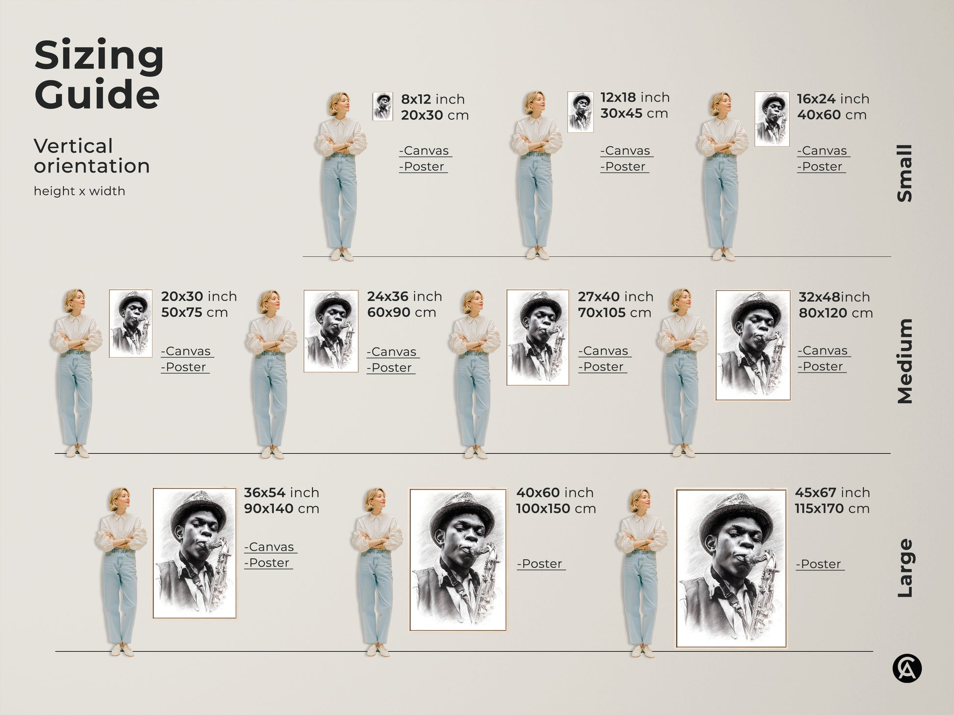 Sizing guide for our pencil artwork of a jazz musician. Visualize different sizes from small to large. This artwork is available as canvas or poster prints. Find the perfect size to fit your space. Enhance your home with this captivating musical art in your preferred format.