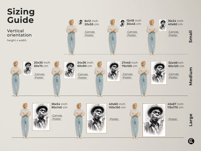 Sizing guide for our pencil artwork of a jazz musician. Visualize different sizes from small to large. This artwork is available as canvas or poster prints. Find the perfect size to fit your space. Enhance your home with this captivating musical art in your preferred format.