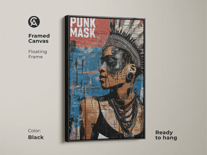 Framed canvas art of a woman wearing a punk mask. The floating frame is black and ready to hang. This urban collage features a headdress and mixed media elements. The black orange and blue artwork adds an artistic statement to any room. Shop now for unique wall art.