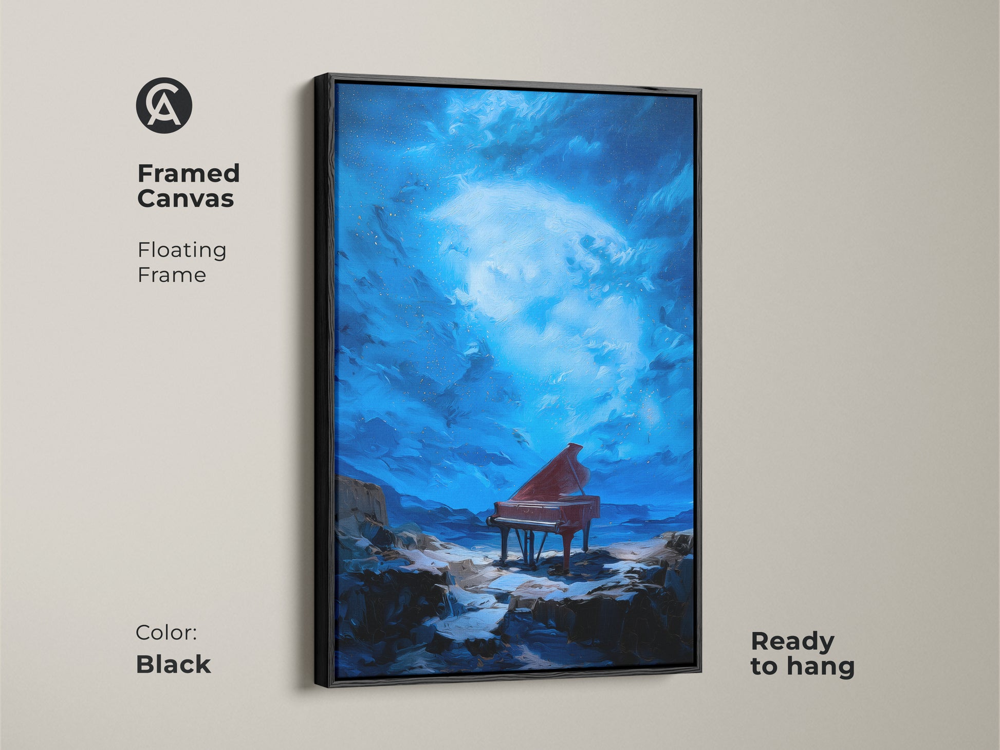 Framed canvas art showcases a surreal grand piano landscape. This piece features a floating frame in black. The artwork is ready to hang. The scene includes a dreamy sky and rocky terrain. Midnight blue and crimson red hues create a striking contrast. This is perfect musician's studio art.
