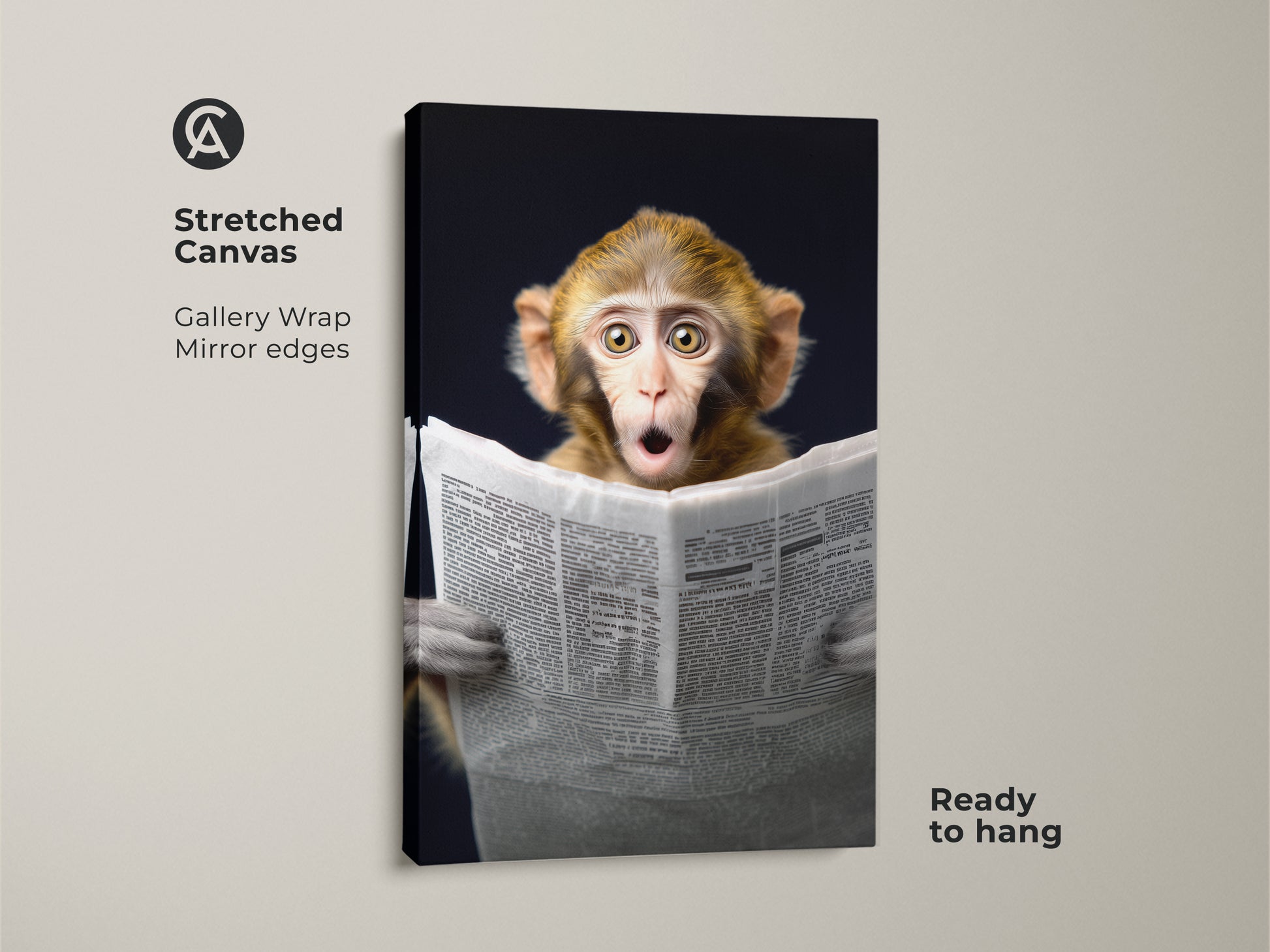 This stretched canvas features a monkey reading newspaper artwork. The gallery wrap with mirror edges adds a modern touch. It's ready to hang bringing quirky animal artwork to any room. Ideal for eclectic home decor print collectors. This funny monkey wall art is perfect for study room wall art. It is also great for creative office decor. Surprise animal lovers with this unique birthday gift.