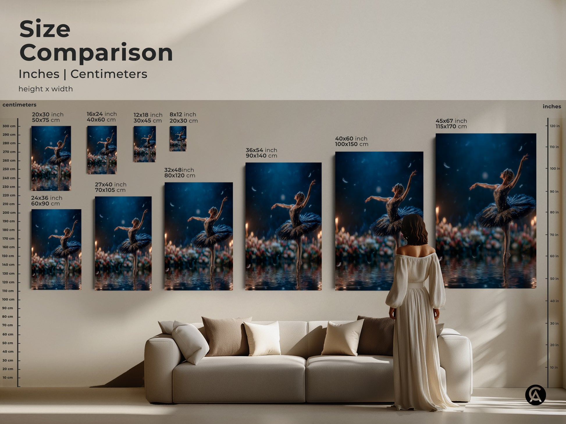 Size comparison of ballerina artwork in inches and centimeters. See how different sizes fit above a sofa. Visualize the impact of each size in a living room setting. Choose the perfect dimensions for your wall. Available in various sizes for canvas and poster prints.