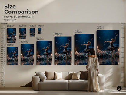 Size comparison of ballerina artwork in inches and centimeters. See how different sizes fit above a sofa. Visualize the impact of each size in a living room setting. Choose the perfect dimensions for your wall. Available in various sizes for canvas and poster prints.