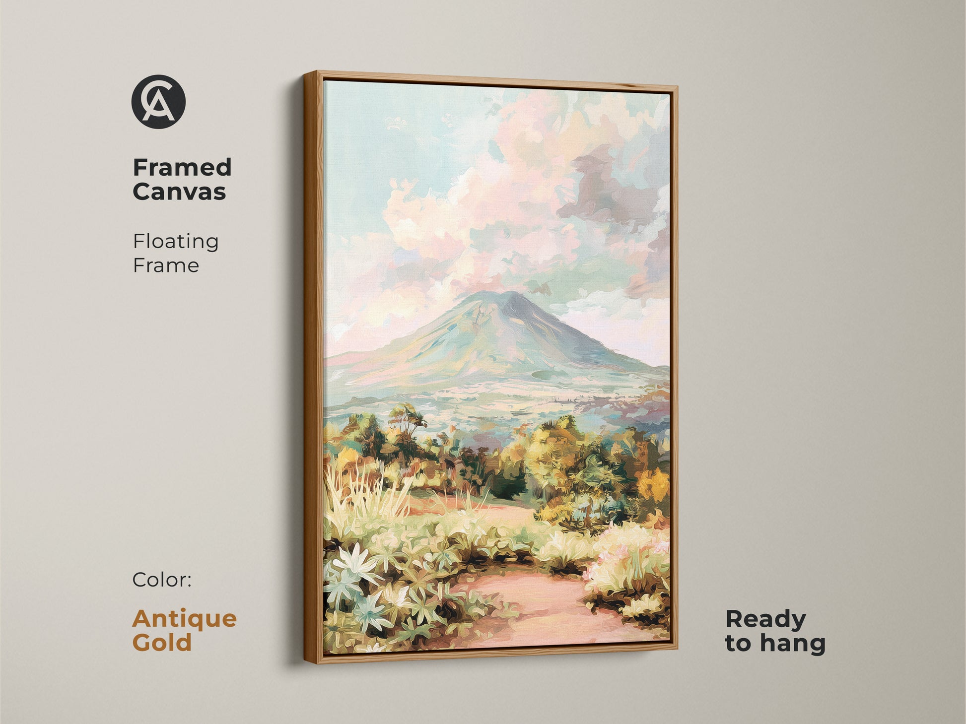 Volcano landscape canvas print in an antique gold floating frame. The impressionist mountain art brings scenic beauty to any room. This teal green artwork is ready to hang. The pastel pink sky wall art enhances nature-themed decor. Perfect as a housewarming gift landscape.
