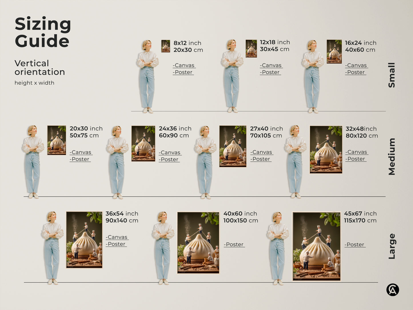 Vertical orientation sizing guide for chef and dumpling artwork. Available in small medium and large sizes. Visualize the art in 8x12 to 45x67 inch dimensions. Find the perfect fit for your space. Enhance your decor with this delightful food-themed artwork. Get your art today.