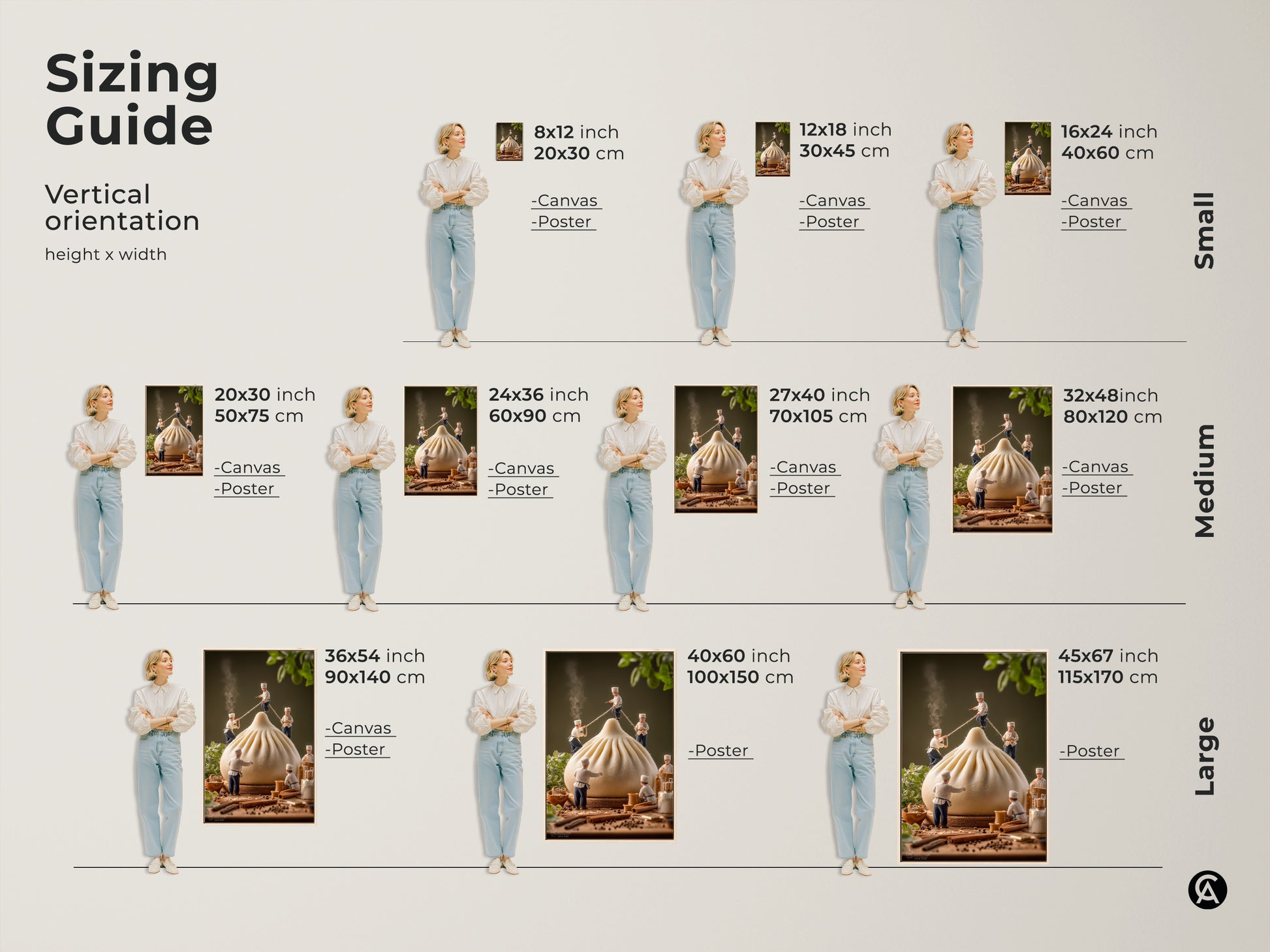 Vertical orientation sizing guide for chef and dumpling artwork. Available in small medium and large sizes. Visualize the art in 8x12 to 45x67 inch dimensions. Find the perfect fit for your space. Enhance your decor with this delightful food-themed artwork. Get your art today.
