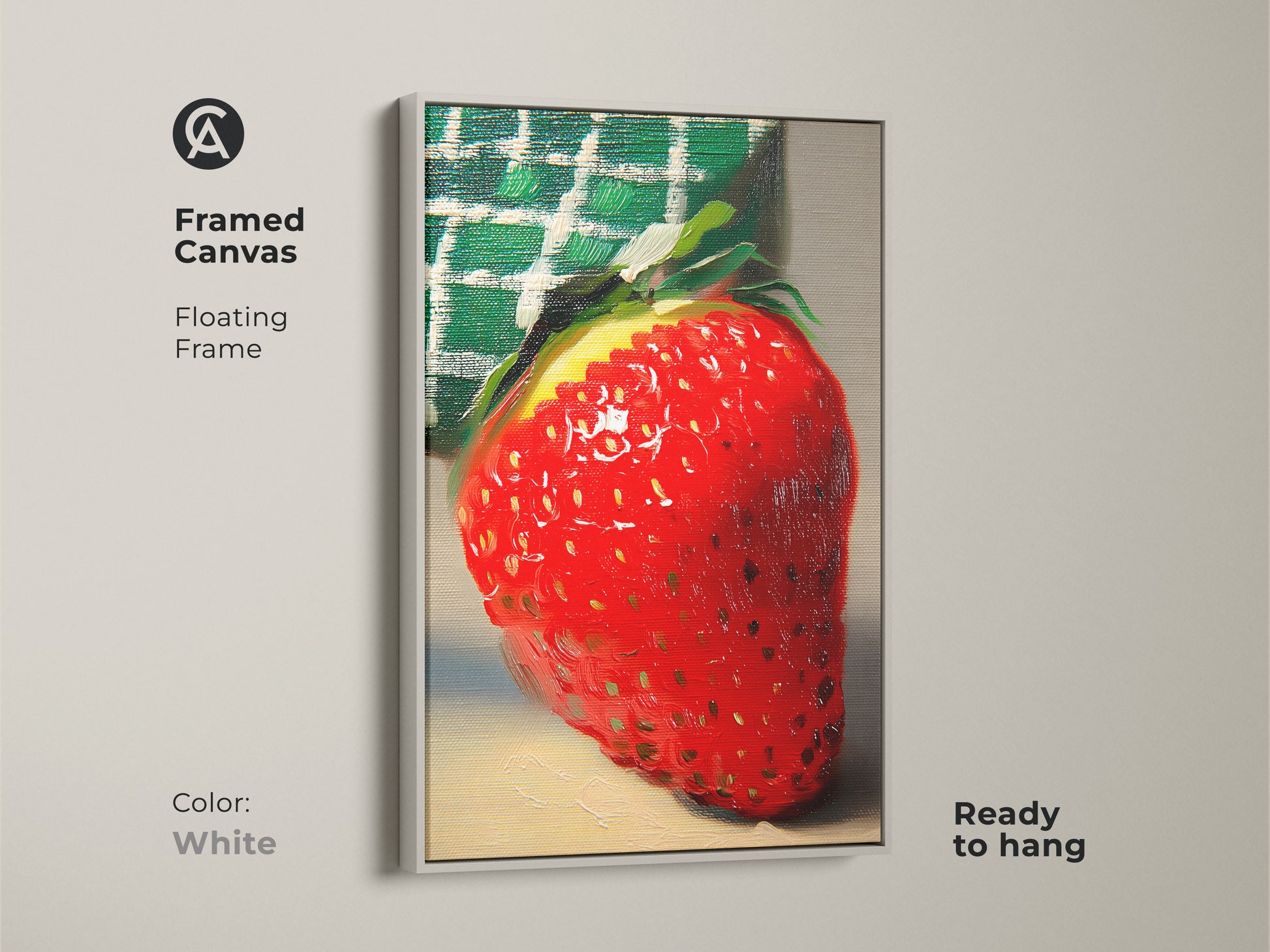 A framed canvas shows a red strawberry art. The botanical style is kitchen wall art. The yellow and green colors make it a foodie gift. This artwork is an impressionist fruit piece. The floating frame is white and ready to hang.