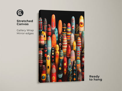 Stretched canvas abstract tribal figurines wall art. The gallery wrap shows mirrored edges. This eclectic boho decor artwork is ready to hang. The colorful folk art canvas print shows red yellow and teal shades. An easy way to display bohemian abstract figurine art.