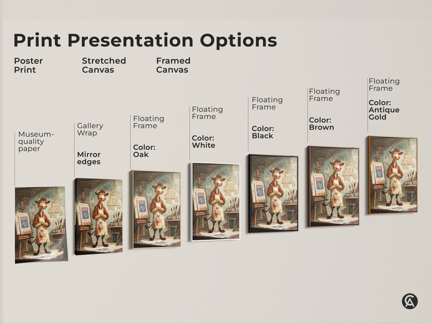 Explore print presentation options for the cartoon cow artist artwork. Choose from poster prints stretched canvases or framed canvases. Each option enhances the whimsical studio easel painting. Find the perfect animal art for art lovers.