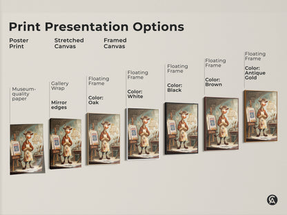 Explore print presentation options for the cartoon cow artist artwork. Choose from poster prints stretched canvases or framed canvases. Each option enhances the whimsical studio easel painting. Find the perfect animal art for art lovers.