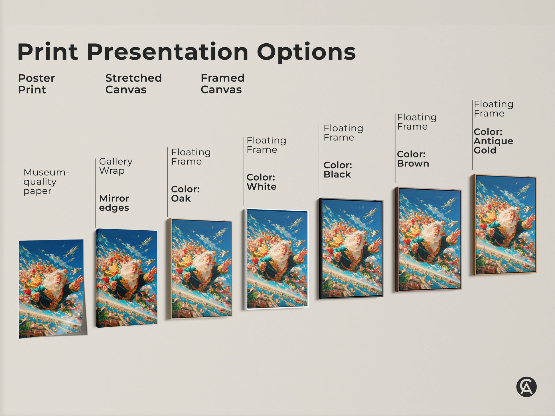Explore print presentation options for Santa Claus skydiving artwork. Choose from poster prints stretched canvases or framed canvases. Options include museum quality paper gallery wrap and floating frames in various colors for unique wall decor.