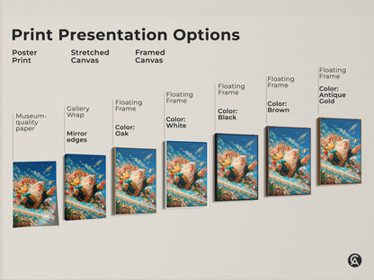 Explore print presentation options for Santa Claus skydiving artwork. Choose from poster prints stretched canvases or framed canvases. Options include museum quality paper gallery wrap and floating frames in various colors for unique wall decor.