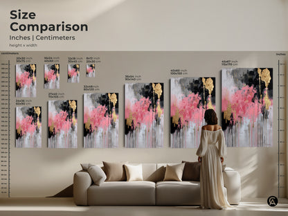 Size comparison of modern abstract art in inches and centimeters. See how pink black and gold leaf paintings fit above a sofa. Visualize the scale of canvas and poster prints. Sizes range from small to large ideal for any space. This contemporary art adds a touch of luxury to your home decor. Perfect for art lovers and eclectic styles.