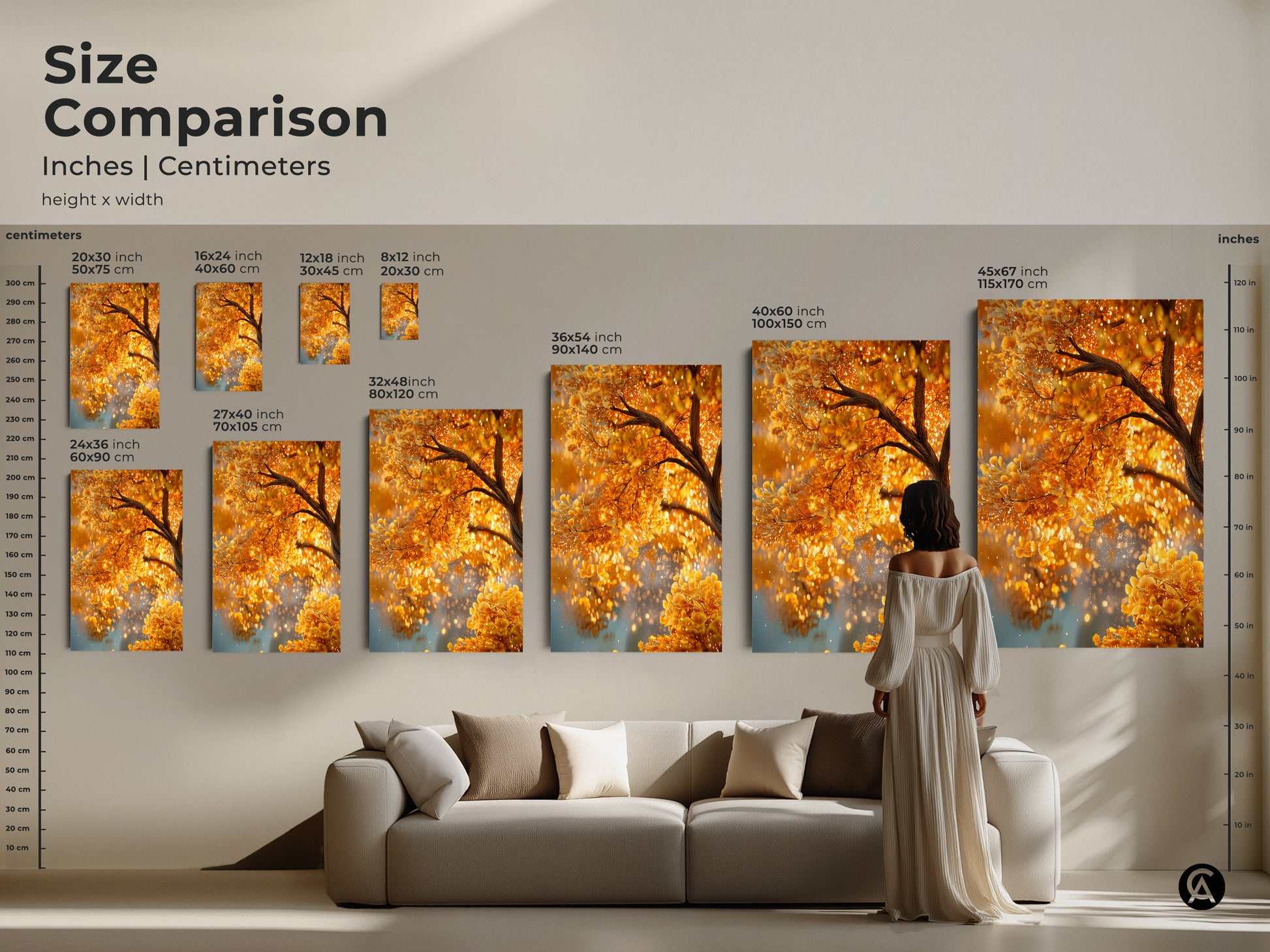 Size comparison of golden tree art prints in inches and centimeters. See how different sizes fit with furniture. Available in canvas and poster options. Transform your living space with this beautiful artwork.