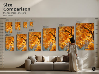 Size comparison of golden tree art prints in inches and centimeters. See how different sizes fit with furniture. Available in canvas and poster options. Transform your living space with this beautiful artwork.