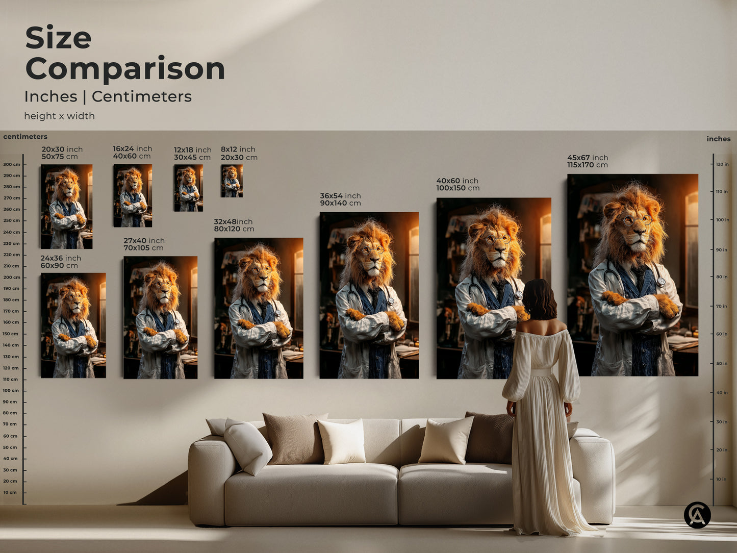 Size comparison of the lion doctor artwork in different dimensions. Displayed in inches and centimeters. See how the animal-themed wall art fits above a couch for size reference. Perfect for medical office wall art or a professional gift.