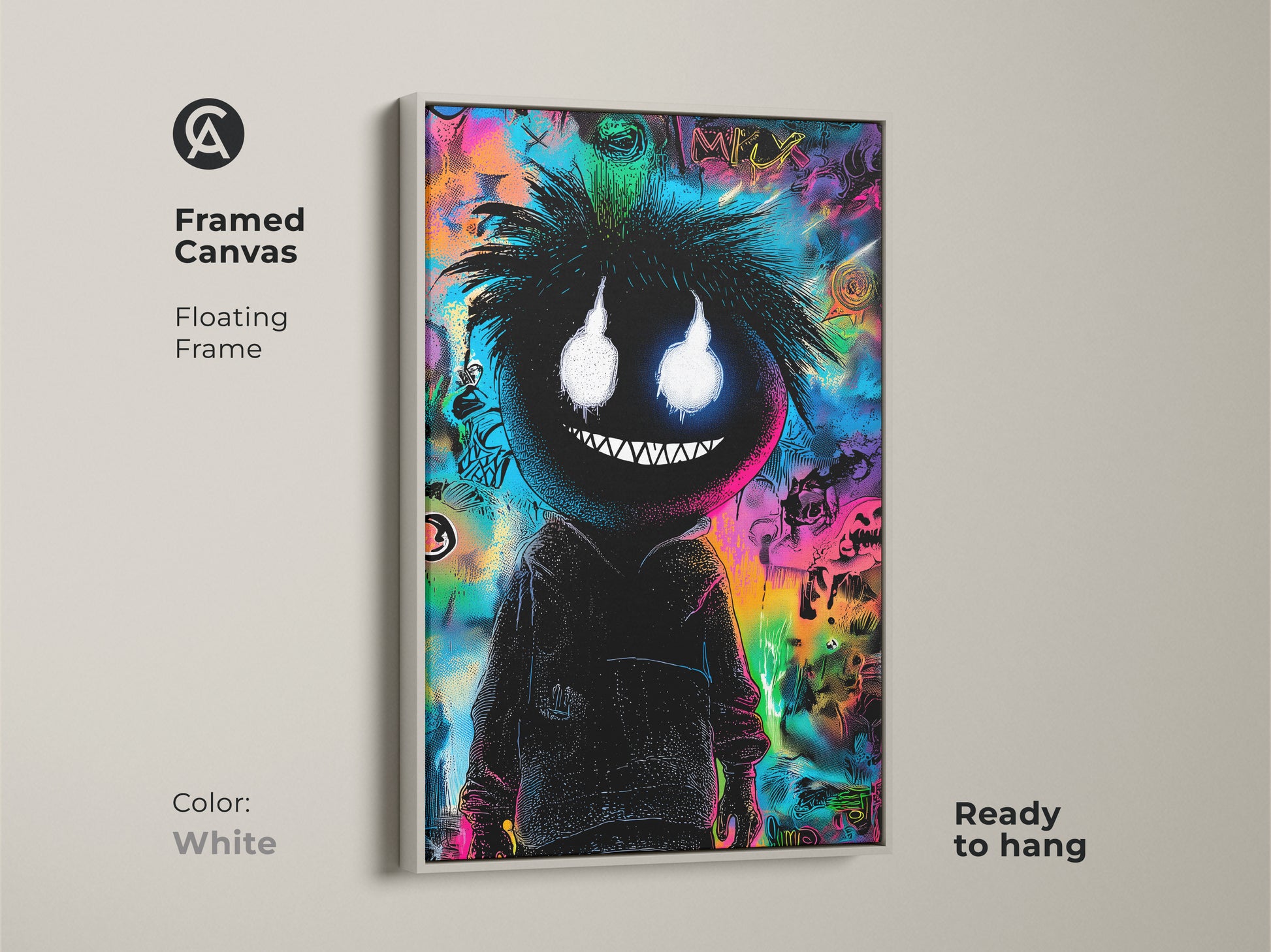 Framed canvas displaying a black figure with glowing eyes and graffiti art. It has a floating white frame. Ready to hang this artwork is perfect for modern interiors. The art is displayed in a frame.