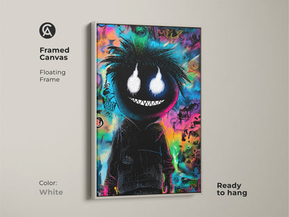 Framed canvas displaying a black figure with glowing eyes and graffiti art. It has a floating white frame. Ready to hang this artwork is perfect for modern interiors. The art is displayed in a frame.