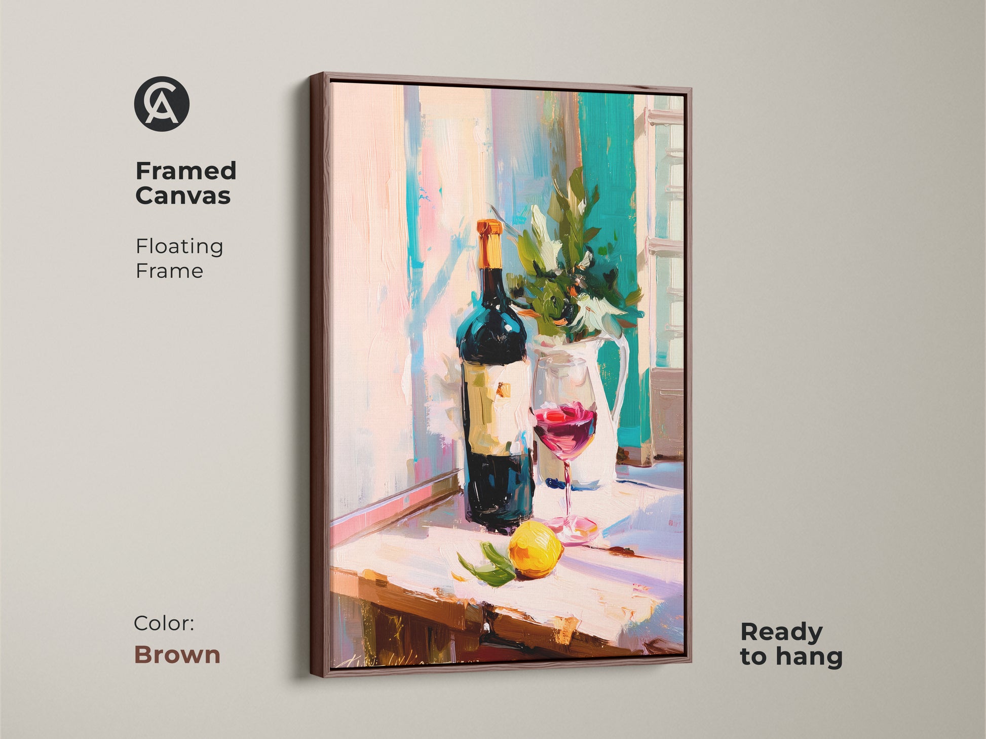 A framed canvas shows impressionist wine art with a floating brown frame. The red wine glass print is ready to hang. This kitchen wall art decor presents a contemporary still life of a painterly wine bottle. This artwork is a thoughtful housewarming gift art. It enhances any bar area wall hanging with its food and drink theme.