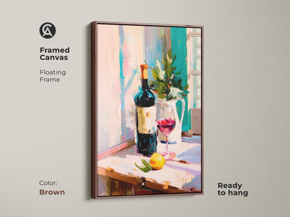 A framed canvas shows impressionist wine art with a floating brown frame. The red wine glass print is ready to hang. This kitchen wall art decor presents a contemporary still life of a painterly wine bottle. This artwork is a thoughtful housewarming gift art. It enhances any bar area wall hanging with its food and drink theme.