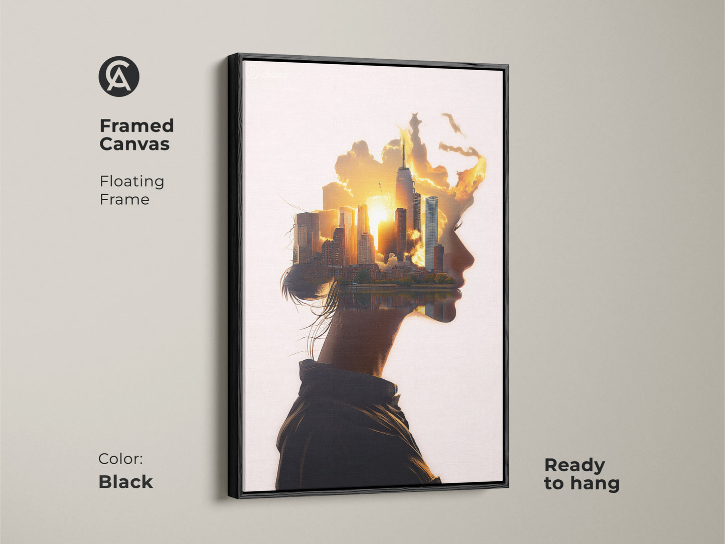 Framed canvas floating frame in black featuring woman profile cityscape art. Abstract surreal wall art is ready to hang. Conceptual urban landscape canvas in orange yellow gold. Contemporary art for modern bedroom wall decor or contemporary office art. A unique housewarming gift.