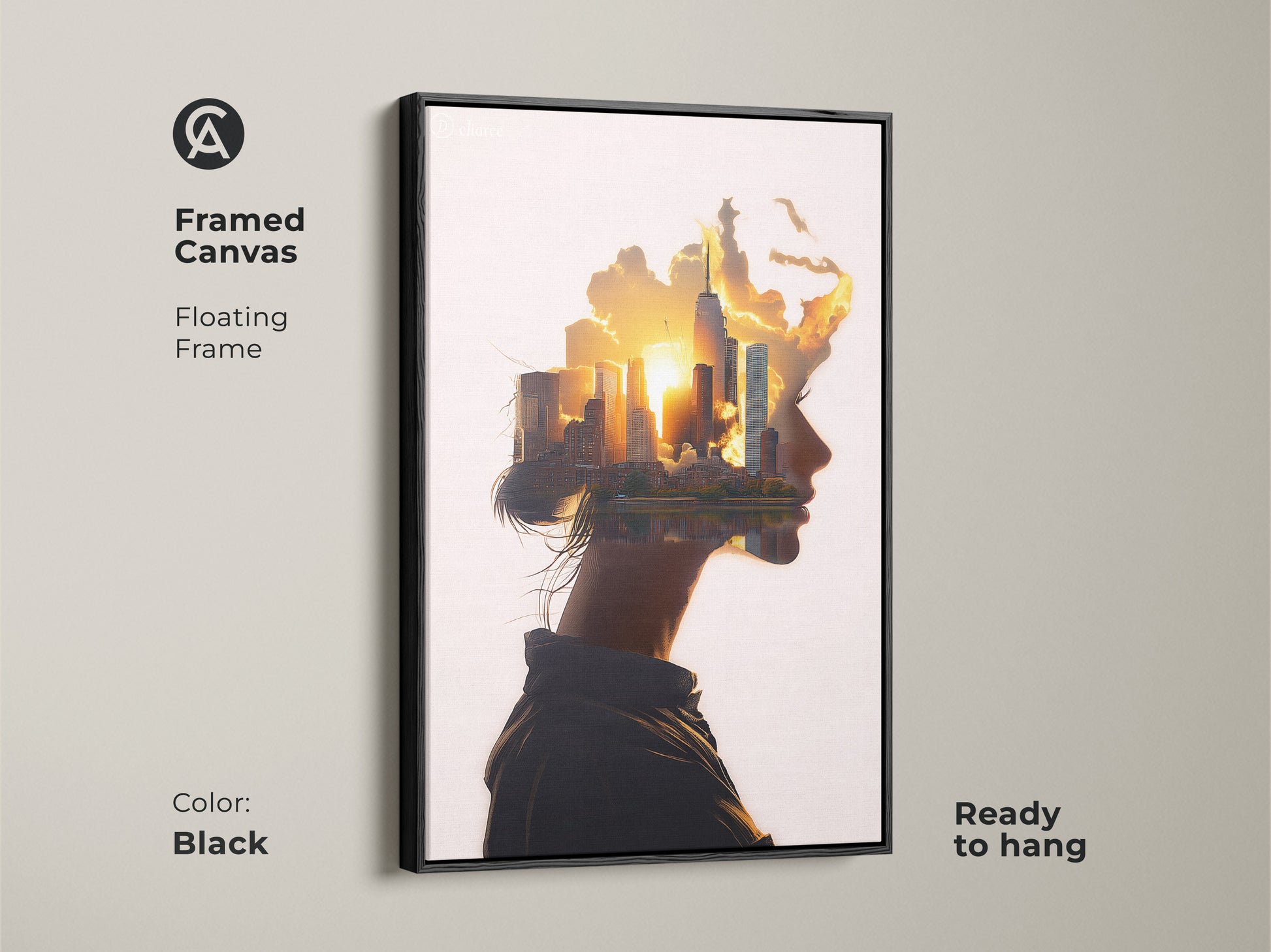 Framed canvas floating frame in black featuring woman profile cityscape art. Abstract surreal wall art is ready to hang. Conceptual urban landscape canvas in orange yellow gold. Contemporary art for modern bedroom wall decor or contemporary office art. A unique housewarming gift.