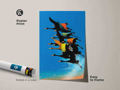 Poster Print of abstract flying birds canvas artwork. The art is rolled in a tube and easy to frame. This colorful abstract painting features a vibrant color splash of blue orange and teal in a contemporary style
