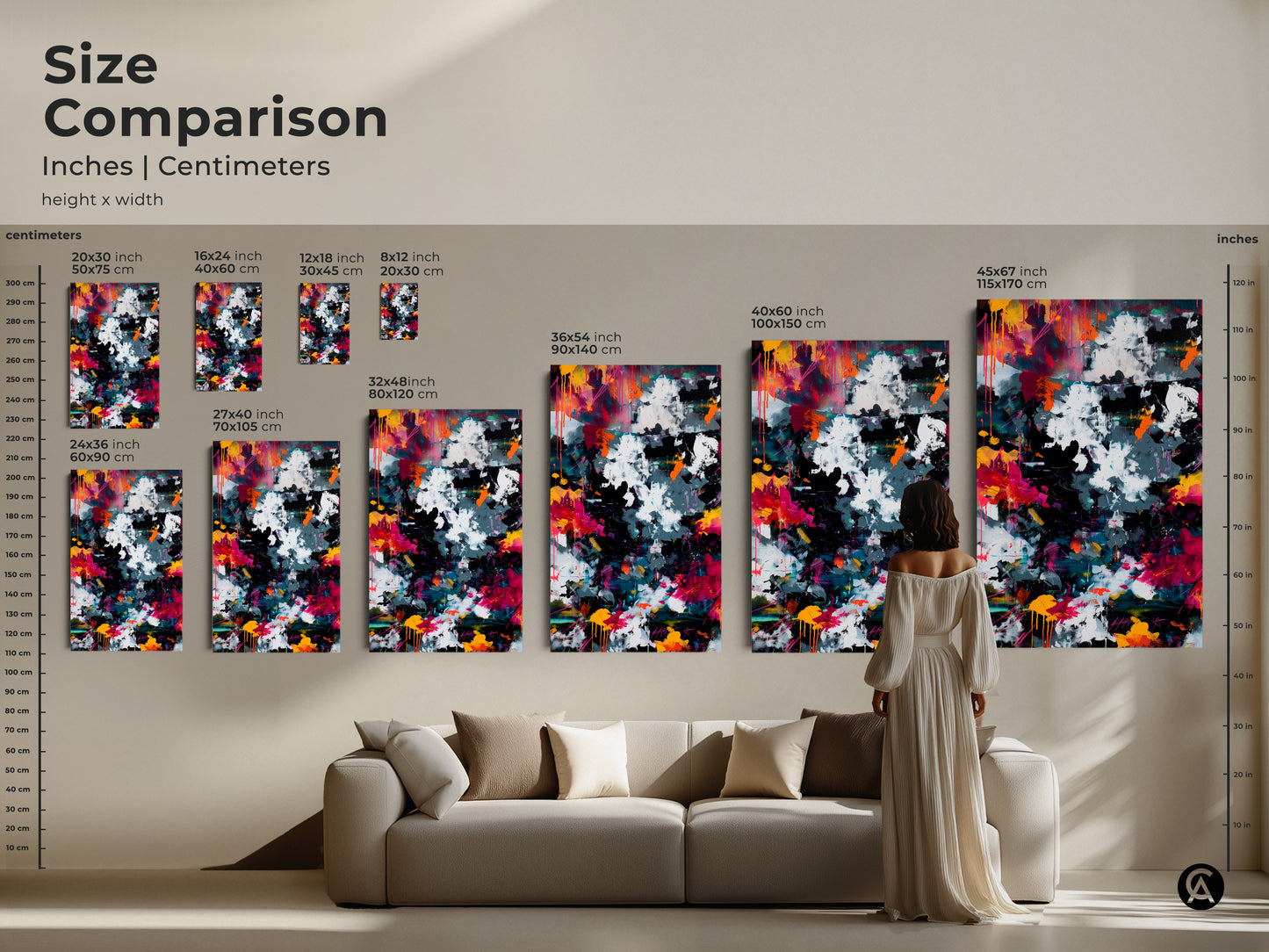 Size comparison of abstract art prints in inches and centimeters. See how canvas and poster prints look in different dimensions. From small 8x12 inch to large 45x67 inch. Perfect for visualizing art in your living room.