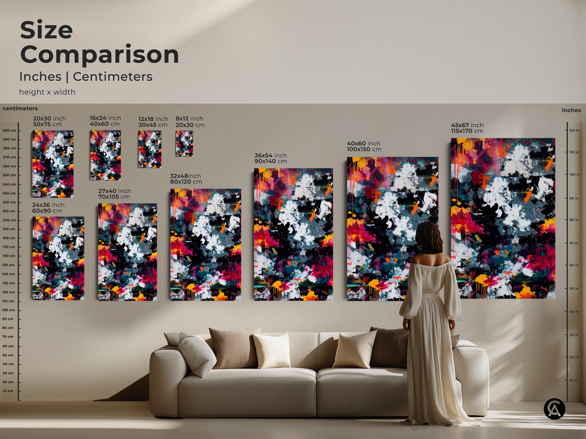Size comparison of abstract art prints in inches and centimeters. See how canvas and poster prints look in different dimensions. From small 8x12 inch to large 45x67 inch. Perfect for visualizing art in your living room.