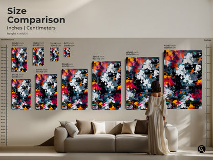 Size comparison of abstract art prints in inches and centimeters. See how canvas and poster prints look in different dimensions. From small 8x12 inch to large 45x67 inch. Perfect for visualizing art in your living room.