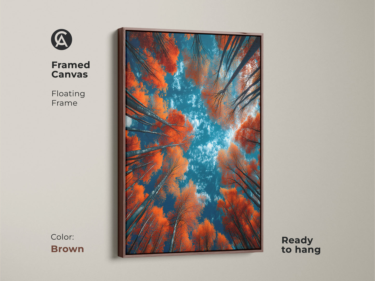 Framed canvas art showing a forest of orange trees against a blue sky. The brown floating frame enhances the artwork's warmth. Ready to hang and enjoy in any space. Find the perfect framed art for your home. Discover stunning nature-inspired artwork today.