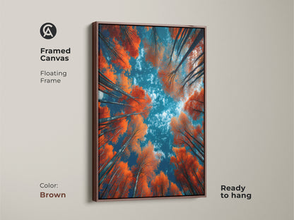 Framed canvas art showing a forest of orange trees against a blue sky. The brown floating frame enhances the artwork's warmth. Ready to hang and enjoy in any space. Find the perfect framed art for your home. Discover stunning nature-inspired artwork today.