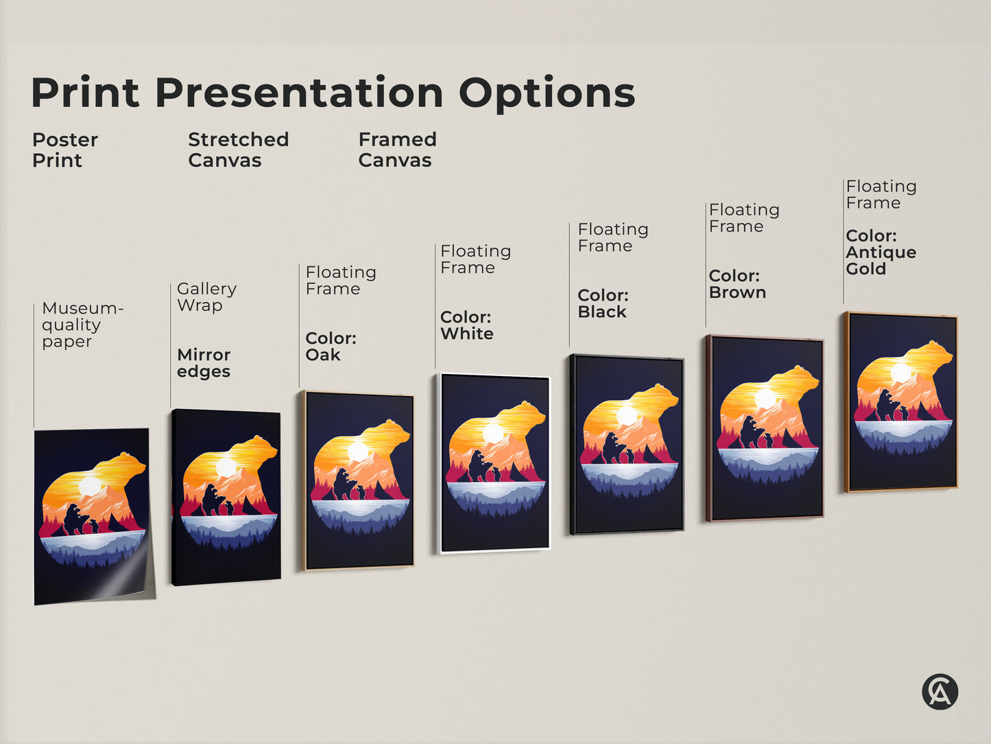 Explore print presentation options for bear family artwork. Choose from poster print stretched canvas or framed canvas. Select gallery wrap with mirror edges or floating frame. Find the perfect style in white black brown or antique gold. Museum quality paper ensures lasting beauty.