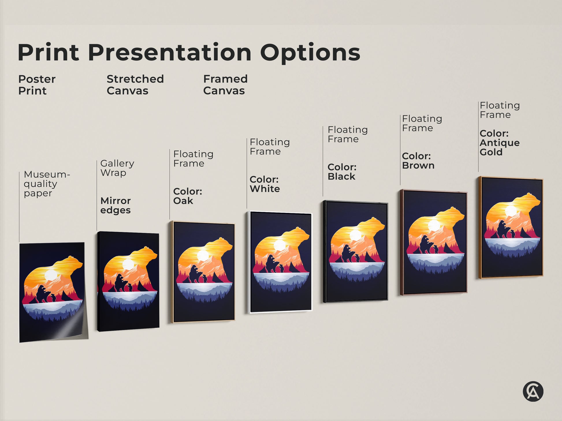 Explore print presentation options for bear family artwork. Choose from poster print stretched canvas or framed canvas. Select gallery wrap with mirror edges or floating frame. Find the perfect style in white black brown or antique gold. Museum quality paper ensures lasting beauty.